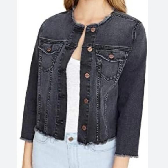Sanctuary Addie Crop Black Gray Wash Denim Jacket Raw Hem Medium - Picture 1 of 8